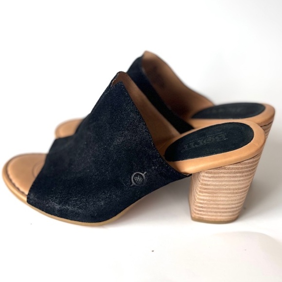 BORN Suede Sandals Black Genuine Leather Chunky Heel Mules Size 9 - Picture 4 of 7